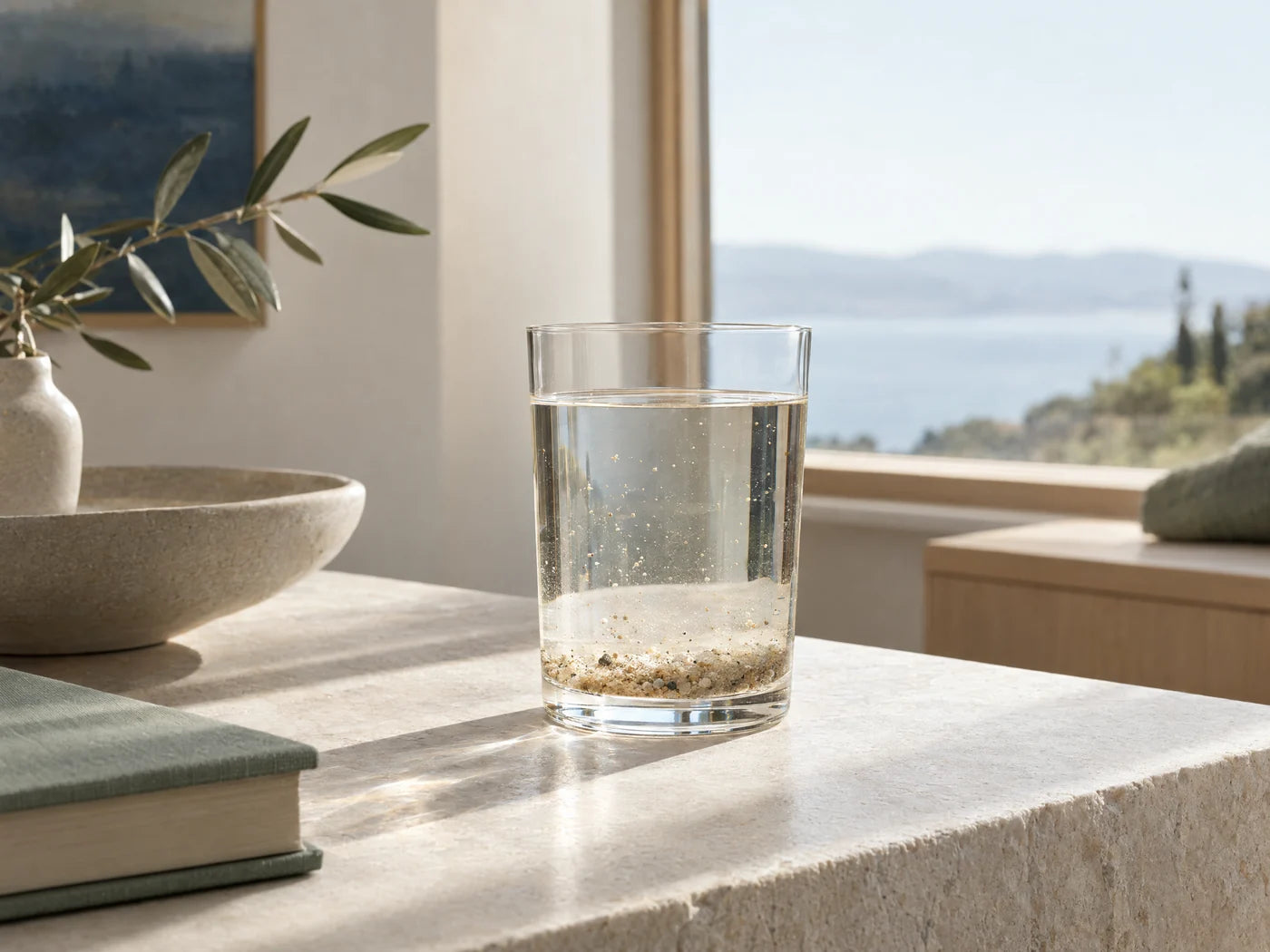 Fine sediment settled at the bottom of a glass of water