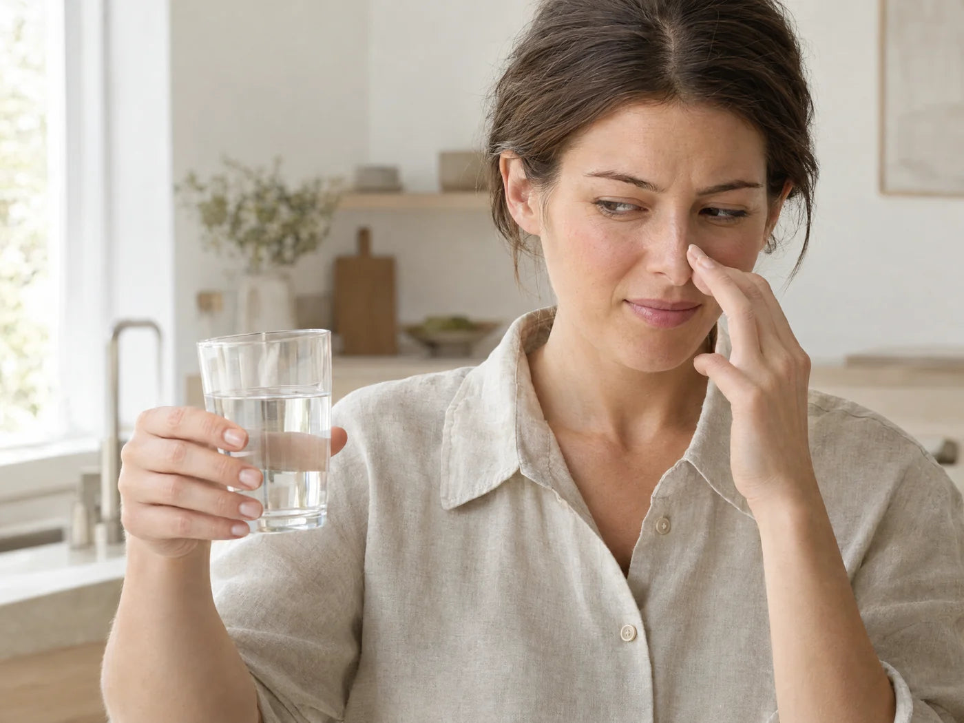 A woman pinching her nose at the smell of a glass of tap water