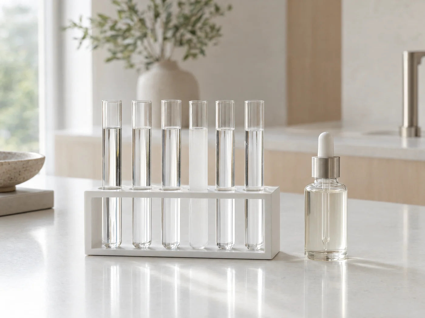 Water samples in test tubes on a white lab bench