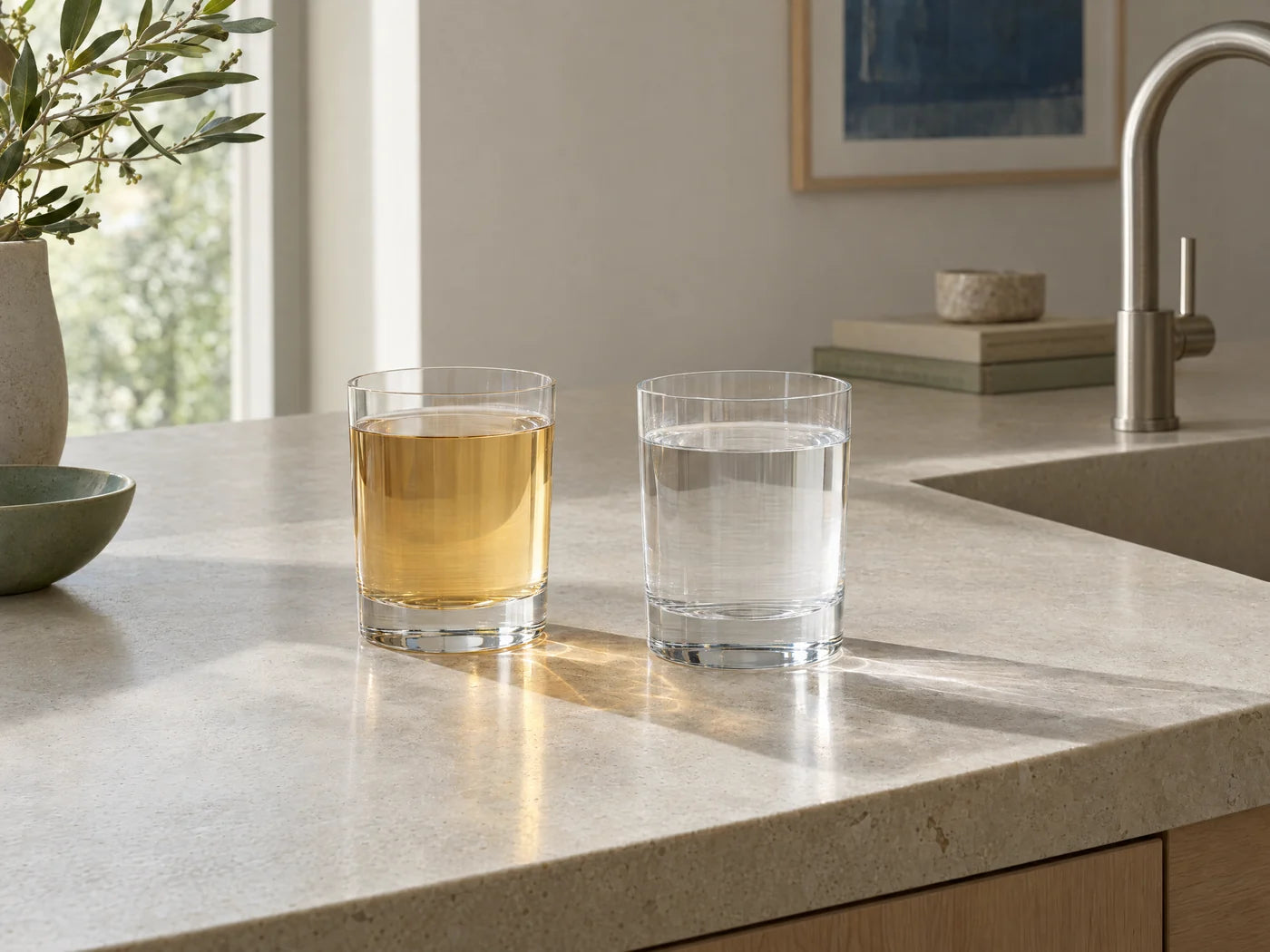 A glass of tea-tinted well water beside a glass of clear water