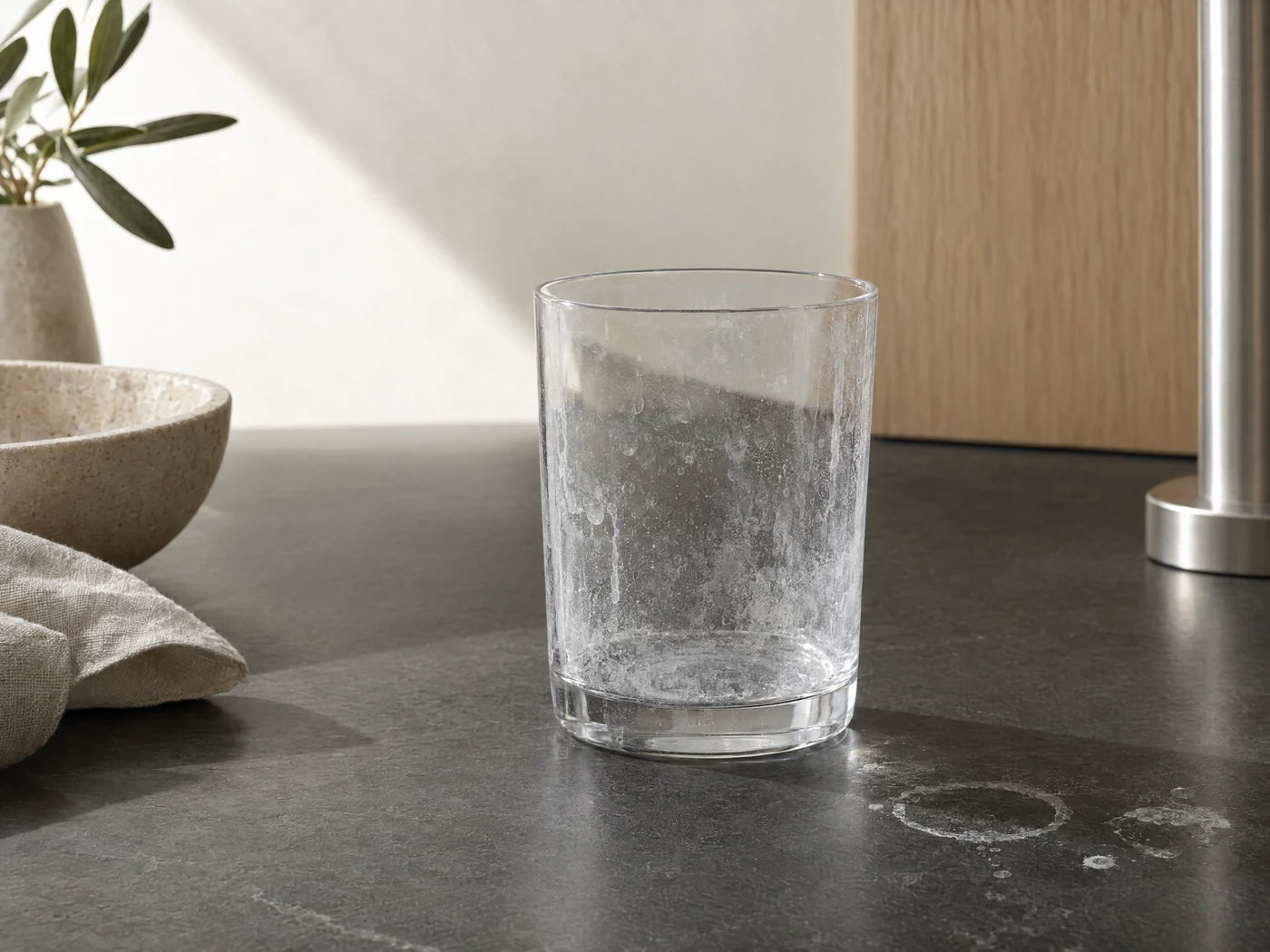 A drinking glass with a cloudy white mineral film