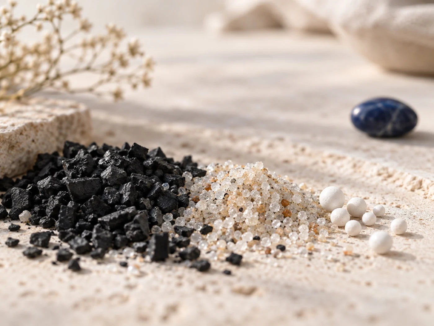 Black, clear and white filtration media granules side by side