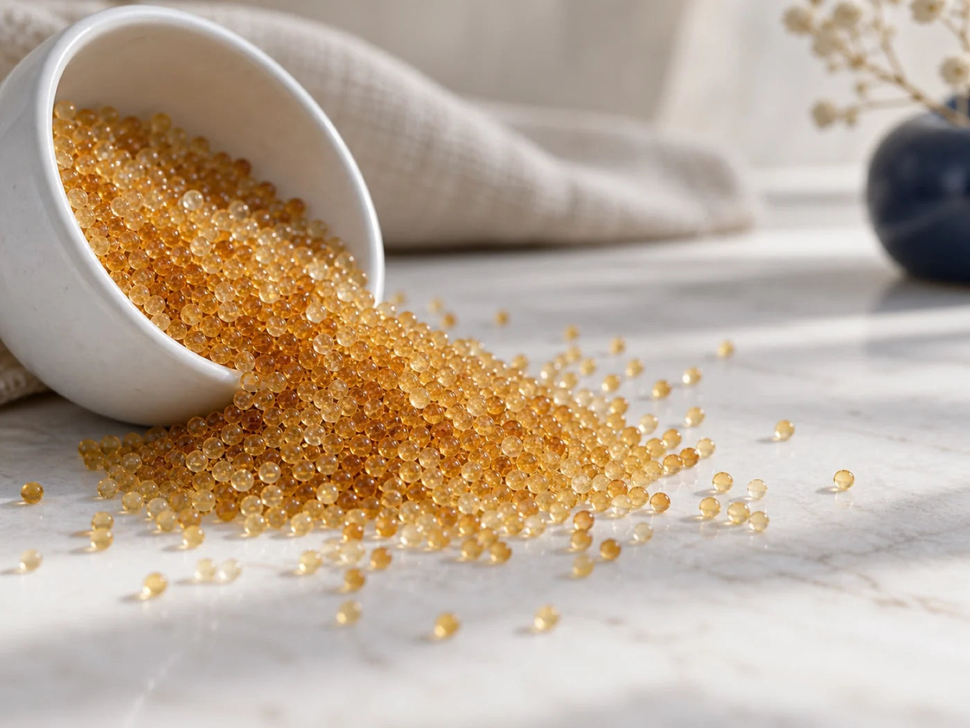 Amber ion-exchange resin beads spilling from a white bowl